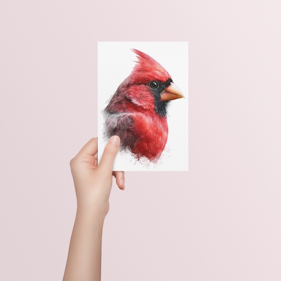 Watercolor Red Cardinal Bird Portrait Wall Art Print Unframed - Picture 5 of 6